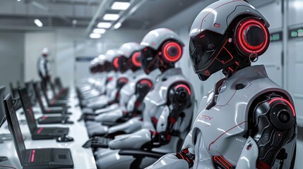 Fototapeta premium A group of robots are working in a factory. The robots are white and have blue helmets. They are working on a computer screen