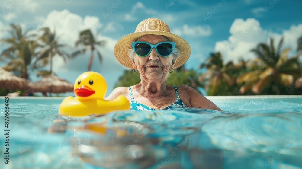 Sticker the elderly woman in pool