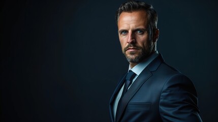 Confident CEO in Tailored Suit on Dark Background exuding Determination and Professionalism