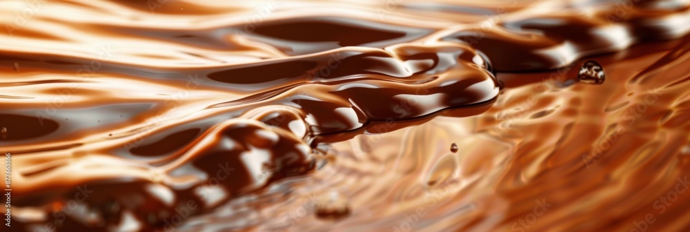 Poster Close-up of swirled liquid chocolate with bubbles. Macro shot. Banner with copy space