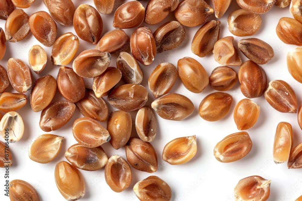 Poster a collection of nuts spread out on a white background, ideal for use in still life photography or as