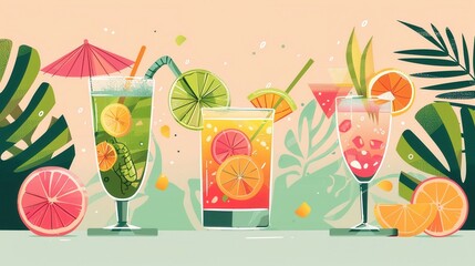 Colorful cocktails, tropical drinks, flat design illustration