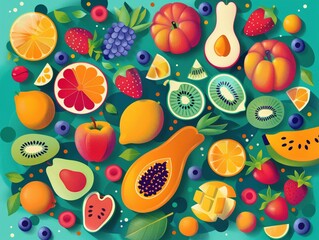 Fresh fruits, vibrant colors, flat design illustration