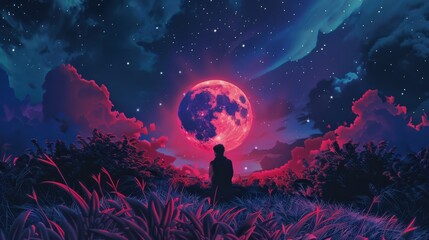 Fototapeta premium A person is sitting in a field of flowers and looking up at a large red moon. The sky is filled with stars and the atmosphere is serene and peaceful