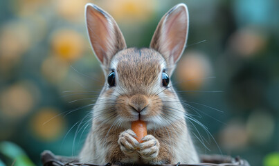 A charming scene of a petite rabbit munching on a carrot amidst a lush green field.