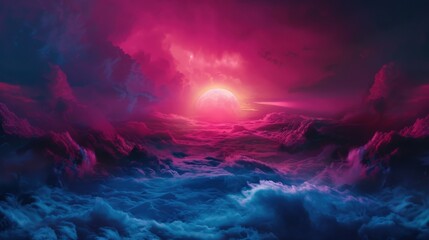 A beautiful and colorful sky with a large sun in the middle. The sky is filled with clouds and the sun is shining brightly