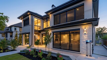 Fototapeta premium Elegant exterior of a suburban contemporary home with automated exterior blinds and smart home features