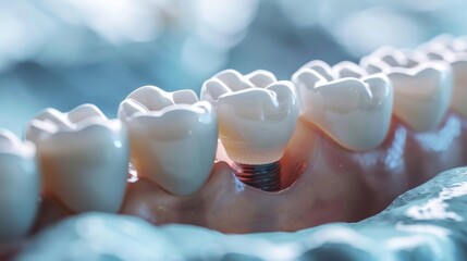 Close-Up of Dental Implant Model. Detailed close-up of a dental implant model showing the structure and placement of the implant within the gums and teeth.
