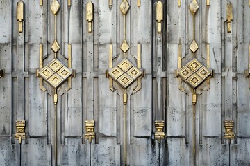 A concrete wall featuring an art deco stucco design with embedded golden elements in a symmetrical pattern