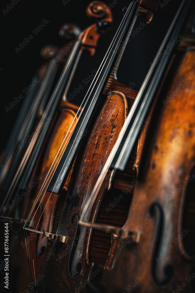 Poster A detailed view of a violin with a dark backdrop, suitable for music-related or artistic uses