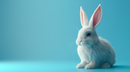 Obraz premium White rabbit sitting against a blue background.