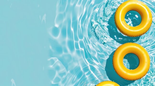 Three yellow pool rings in a pool with space for text