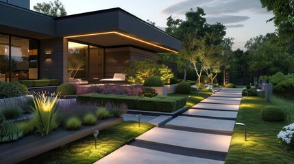 Obraz premium Garden path leading to a suburban contemporary home with integrated outdoor lighting and minimalist landscaping