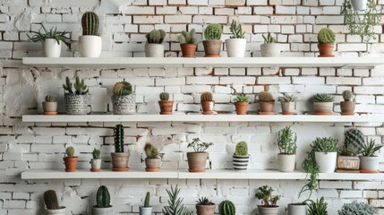 Home decor with white shelving on brick walls featuring plants in pots