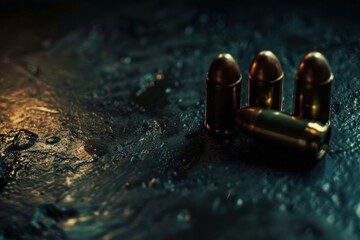 Four bullets lying on a wet surface reflecting a dramatic golden light