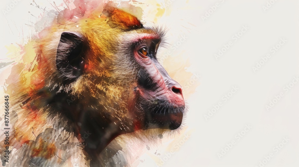 Poster a close-up view of a monkey's face on a white background