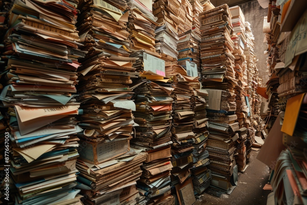 Poster a cluttered office space with numerous stacks of papers, ideal for illustrations of work or study se