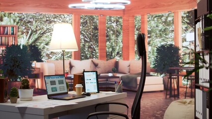 Empty home setup with tablet and laptop showing financial statistics and annual sales reports, business industry infographics. Office desk used for a consultant to study the market dynamics.