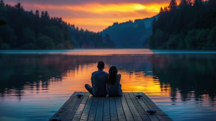 Serene Sunset Romance - Couple Relaxing on Dock by Lake with Copy Space