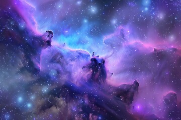 Fototapeta premium A cosmic dance of glowing gas clouds, their forms blending seamlessly from purple to blue, sprinkled with stardust.
