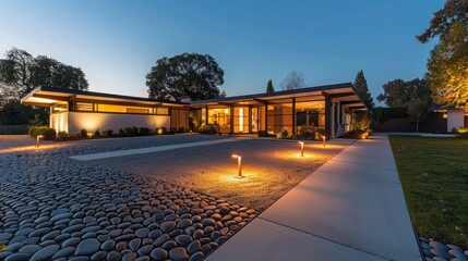 Mid-century modern suburban home with custom-designed outdoor lighting and a cobblestone driveway