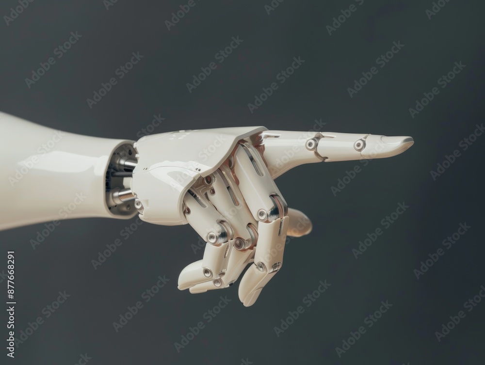 Poster robotic hand pointing with copy space on gray background, artificial hand gesture isolated