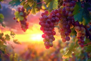 Bunches of ripe grapes hanging on the vine with a beautiful sunset in the background