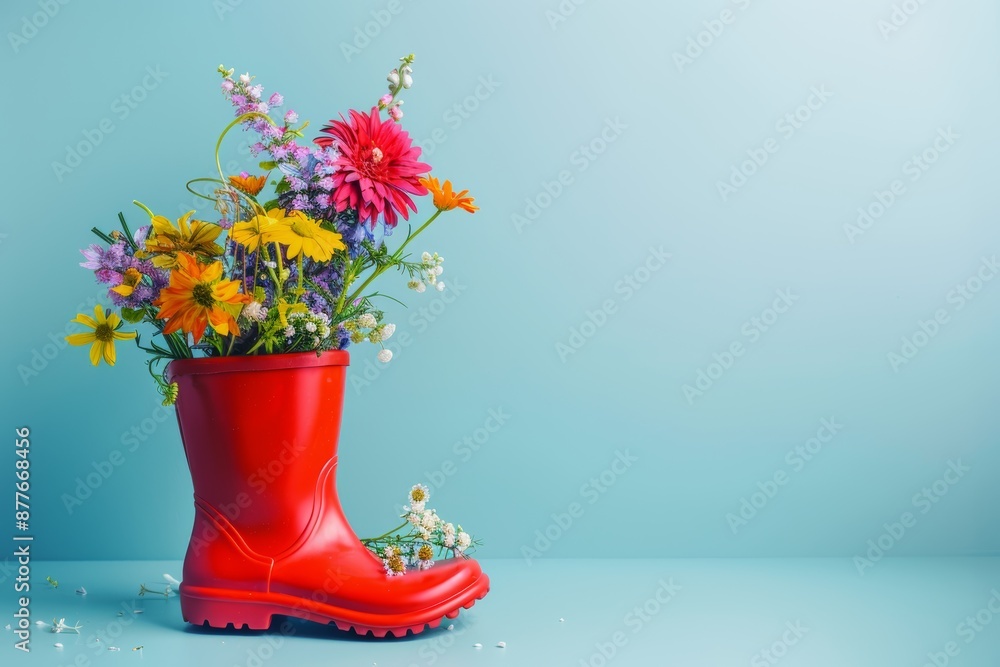 Poster there is a red rain boot overflowing with flowers set against a blue background with copy space and 