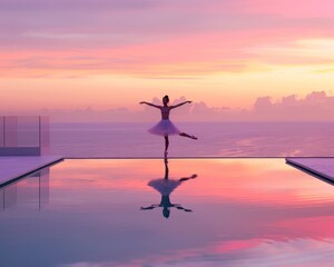 Ballet dancer performing on edge of infinity pool at sunset   minimalist photography