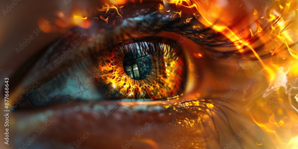 Poster close-up shot of a person's eye with flames in the background, suitable for use in scenes where ther