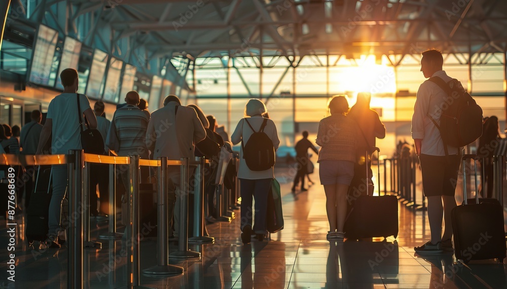 Poster airport check in queue passengers wait to drop off luggage and for security check