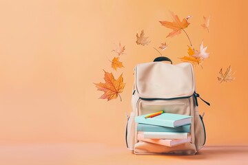 Backpack with books and leaves on orange backdrop in the image with copy space and for text