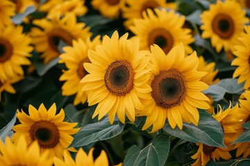 Fototapeta premium Close-up of vibrant sunflower bloom in a bright and cheerful summer field, showcasing the beautiful yellow petals and green leaves