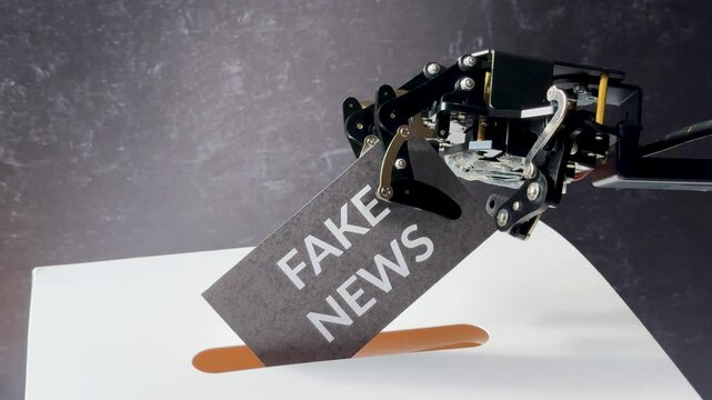 A robotic arm holds a "Fake News" card, placing it into a slot on a white surface with a dark background.