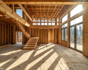 Modern wooden house interior with panoramic windows and timber stairs, canon eos r5 style