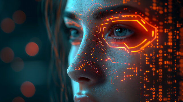 A close-up of the face and shoulders of an attractive woman with glowing digital circuitry on her skin, against a dark background with neon orange lights.  - Powered by Adobe