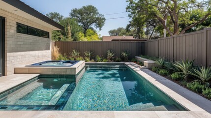 Mid-century modern suburban backyard with a geometric pool and integrated spa surrounded by privacy fencing