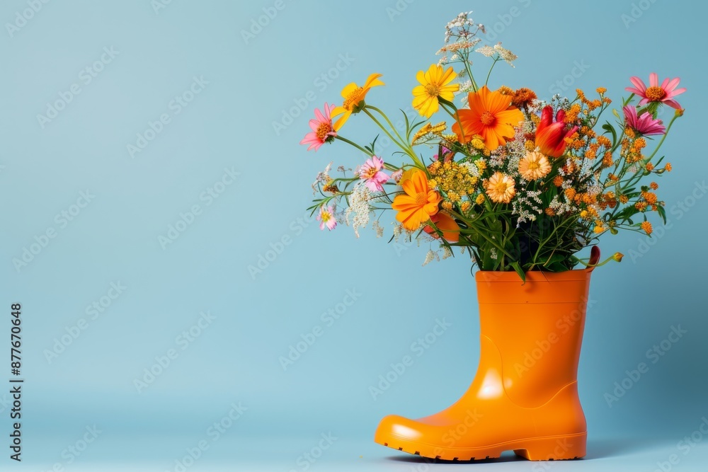 Poster There are flowers arranged in an orange boot on a blue background with copy space and for text