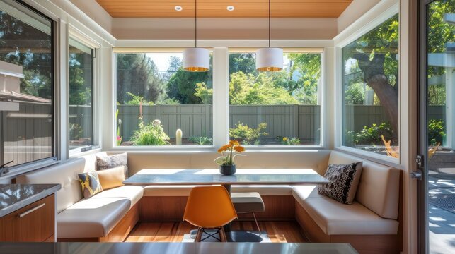 Mid-century modern suburban breakfast nook with a built-in banquette and panoramic windows