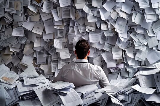 Businessman overwhelmed by paperwork is sitting at his desk in office