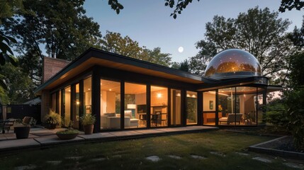 Obraz premium Mid-century modern suburban home with a backyard observatory dome for stargazing