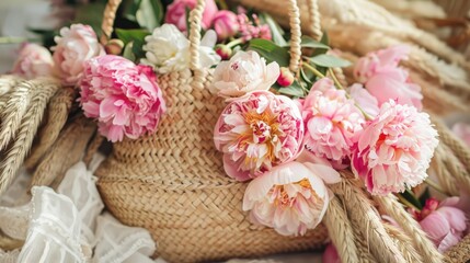 Women s straw bag with peonies Elegant summer accessory with flowers