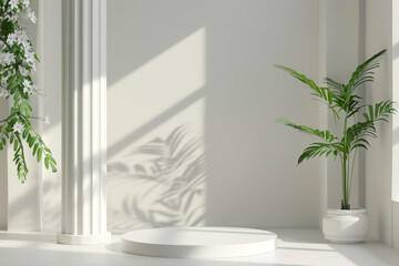 3D rendering of a podium mockup for a product presentation with white columns and plants in the background