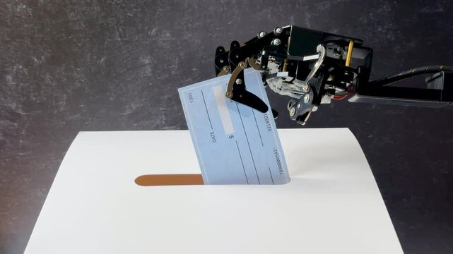 A hand holds a "Fake News" card while a robotic arm inserts a blank check into a slot.