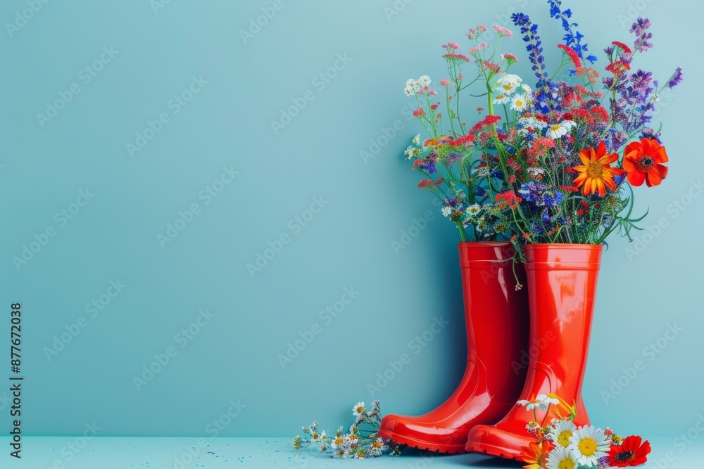 Poster red rain boots with floral pattern on a blue backdrop with copy space and for text