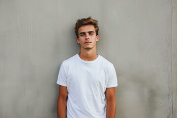 Stylish young male model stands confidently in a plain white tee before a concrete backdrop