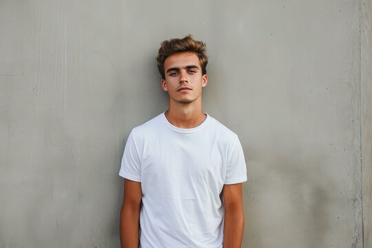 Stylish young male model stands confidently in a plain white tee before a concrete backdrop