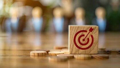 Fototapeta premium Crm concept wooden block target icon with human icons for customer focus and service