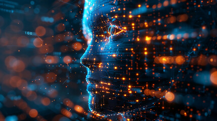 Digital human head composed of glowing data points and code, symbolizing the AI era with advanced technology and artificial intelligence concept. 