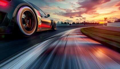 Racing car speeding on track in the glowing light of the evening sunset, fast and dynamic scene
